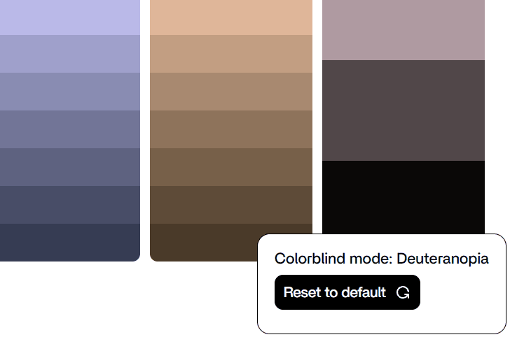 Color palette editor with Deuteranopia colorblindness preview active